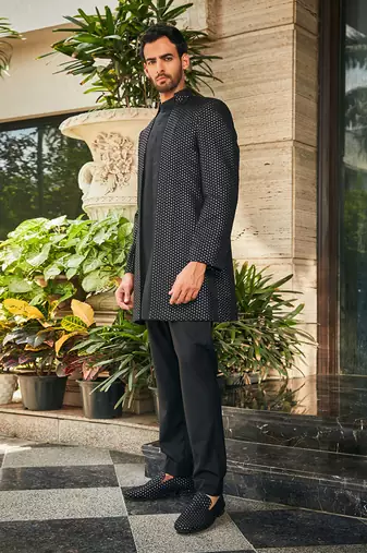 Black mrig indo western chikankari jacket set