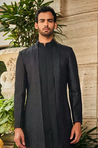 Black mrig indo western chikankari jacket set