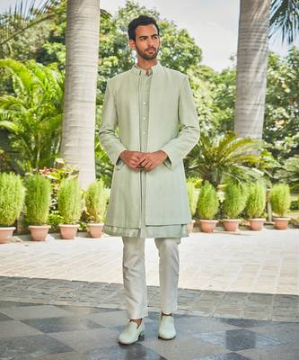 Pastel green harit chikankari open jacket kurta set 1