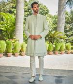 Pastel green harit chikankari open jacket kurta set