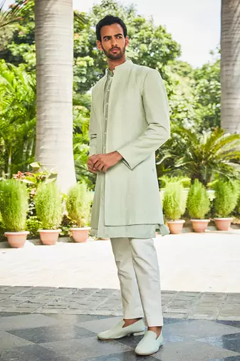 Pastel green harit chikankari open jacket kurta set