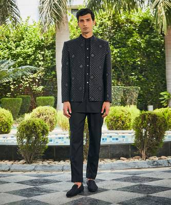 Black adhrit chikankari open jacket kurta set 1