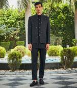 Black adhrit chikankari open jacket kurta set