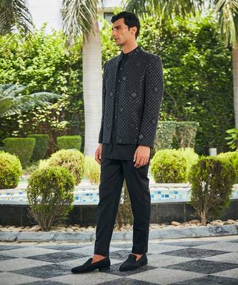 Black adhrit chikankari open jacket kurta set 2