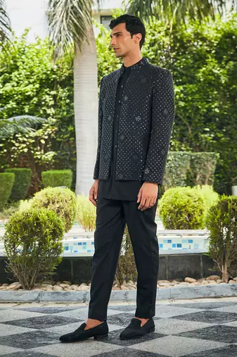Black adhrit chikankari open jacket kurta set