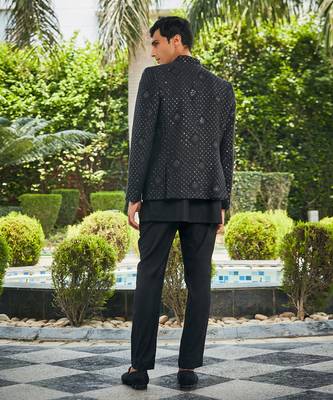 Black adhrit chikankari open jacket kurta set 3