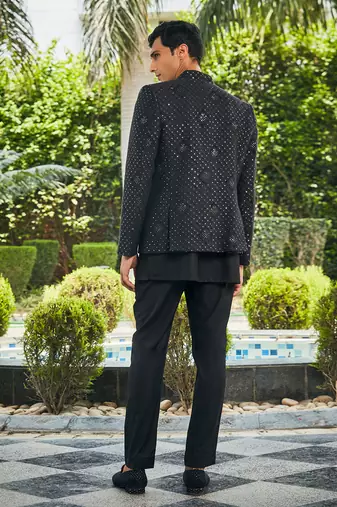 Black adhrit chikankari open jacket kurta set
