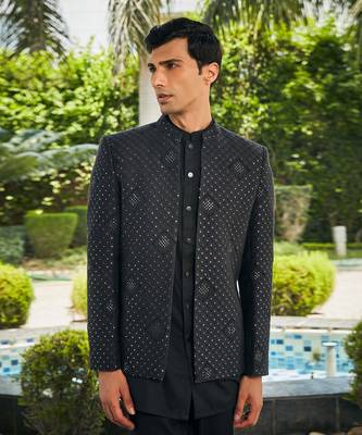 Black adhrit chikankari open jacket kurta set 4