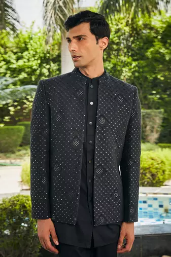 Black adhrit chikankari open jacket kurta set