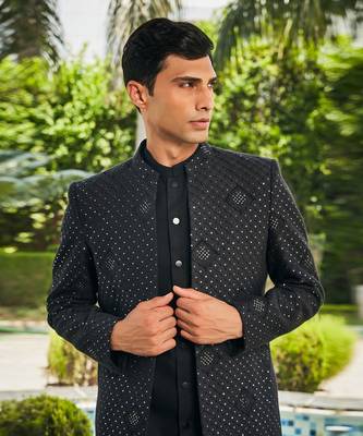 Black adhrit chikankari open jacket kurta set 5