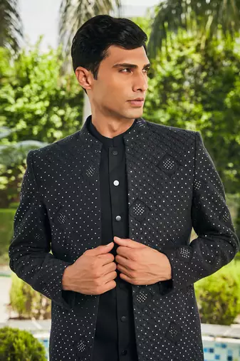 Black adhrit chikankari open jacket kurta set