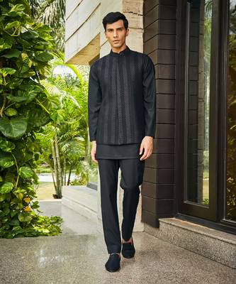 Black ahar chikankari nehru jacket set 1