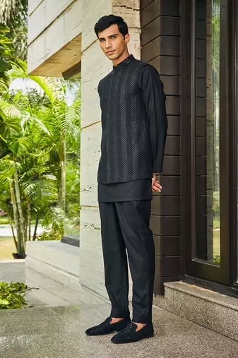 Black ahar chikankari nehru jacket set