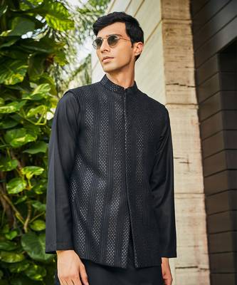 Black ahar chikankari nehru jacket set 4