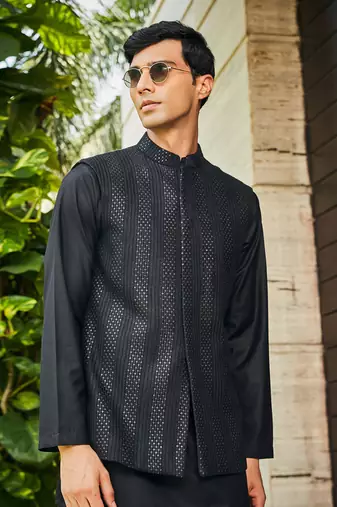Black ahar chikankari nehru jacket set