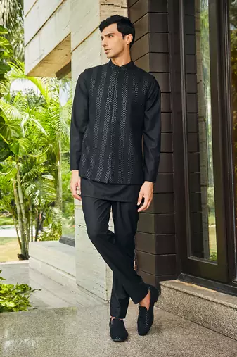 Black ahar chikankari nehru jacket set