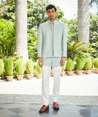 Mint green satyen chikankari open jacket set 1