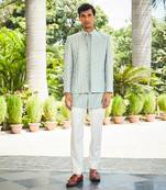 Mint green satyen chikankari open jacket set