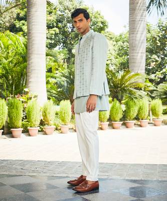 Mint green satyen chikankari open jacket set 2