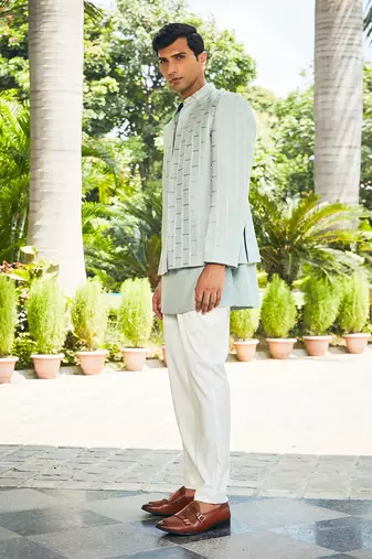 Mint green satyen chikankari open jacket set