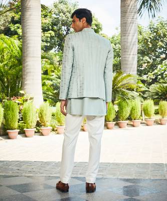 Mint green satyen chikankari open jacket set 3