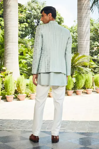 Mint green satyen chikankari open jacket set