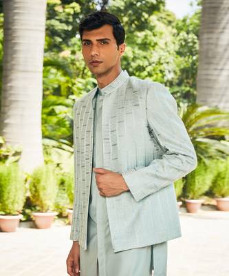Mint green satyen chikankari open jacket set 4