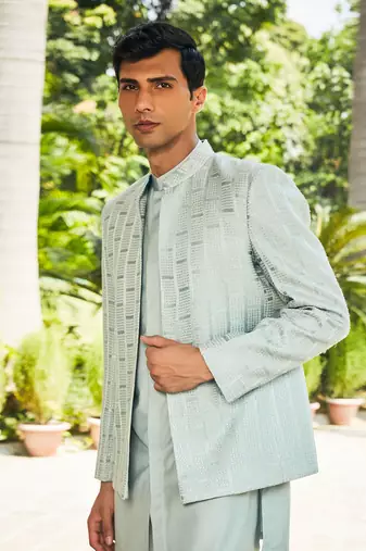 Mint green satyen chikankari open jacket set