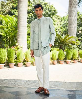 Mint green satyen chikankari open jacket set 5