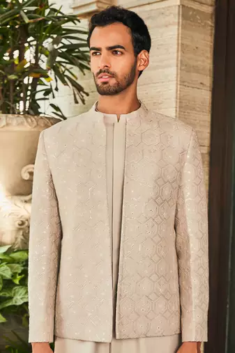 Ivory arit chikankari open jacket set