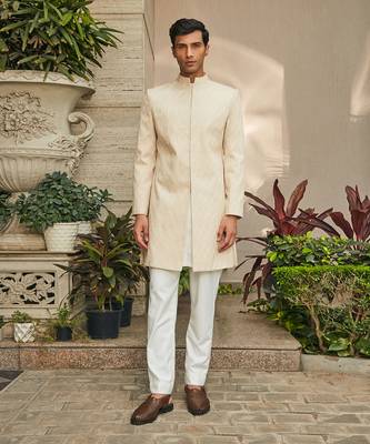 Beige avyay chikankari achkan jacket set 1