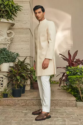 Beige avyay chikankari achkan jacket set