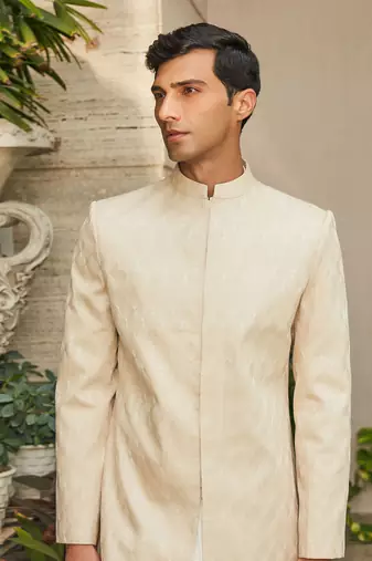 Beige avyay chikankari achkan jacket set