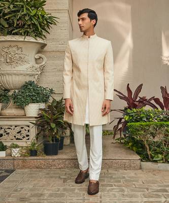 Beige avyay chikankari achkan jacket set 5