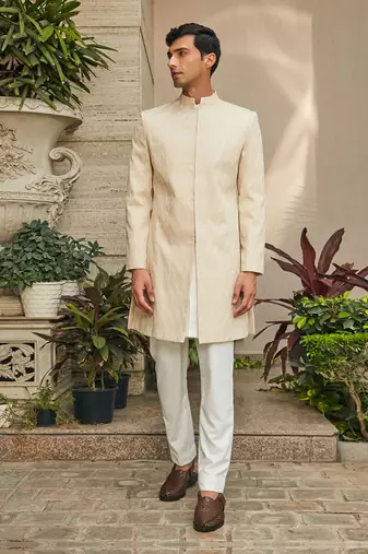 Beige avyay chikankari achkan jacket set