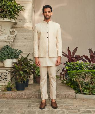 Beige ipsit chikankari open jacket set 1