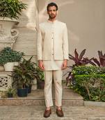 Beige ipsit chikankari open jacket set