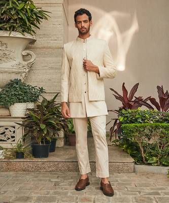 Beige ipsit chikankari open jacket set 2