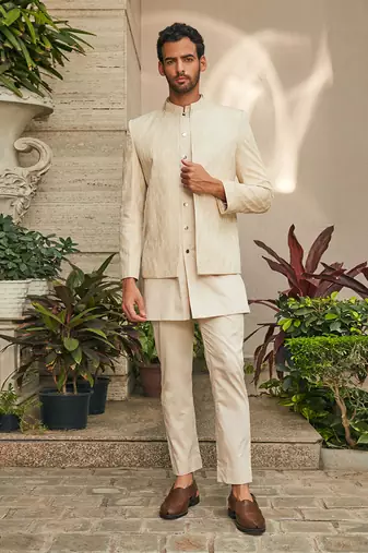 Beige ipsit chikankari open jacket set