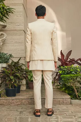 Beige ipsit chikankari open jacket set
