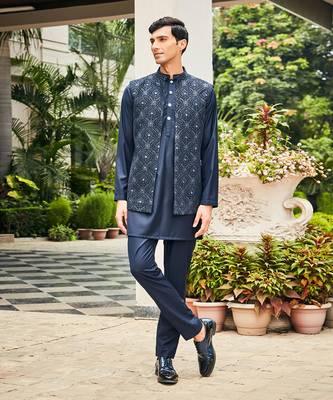 Navy blue ahi chikankari open nehru jacket set 1