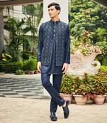 Navy blue ahi chikankari open nehru jacket set
