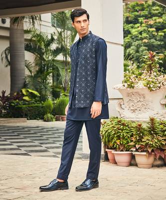 Navy blue ahi chikankari open nehru jacket set 2