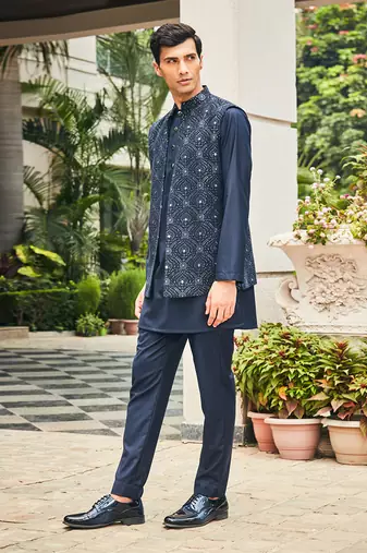 Navy blue ahi chikankari open nehru jacket set