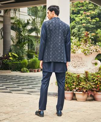 Navy blue ahi chikankari open nehru jacket set 3