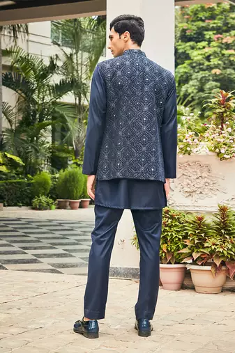 Navy blue ahi chikankari open nehru jacket set