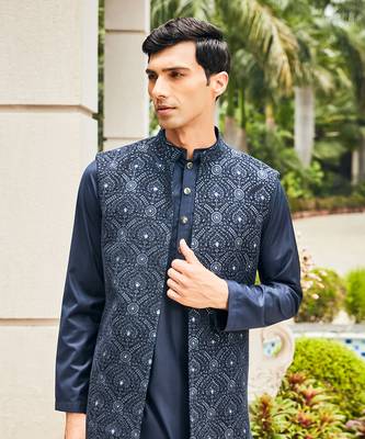 Navy blue ahi chikankari open nehru jacket set 4