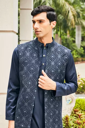 Navy blue ahi chikankari open nehru jacket set