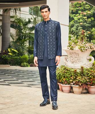 Navy blue ahi chikankari open nehru jacket set 5