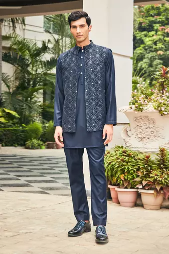 Navy blue ahi chikankari open nehru jacket set